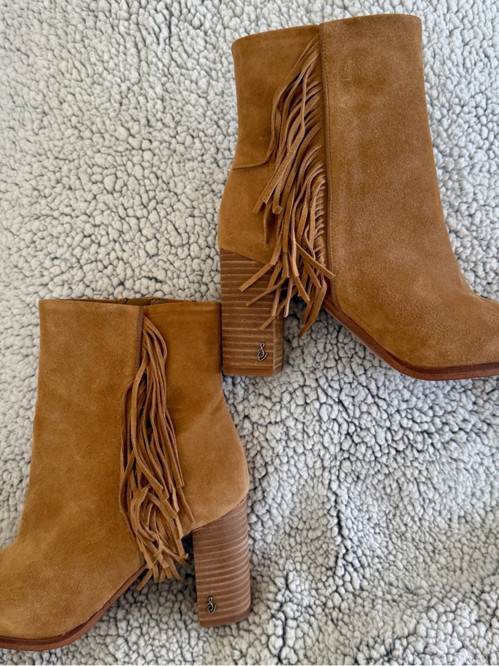 Sam Edelman Suede Fringe Block Heel Ankle Boots - Tan
